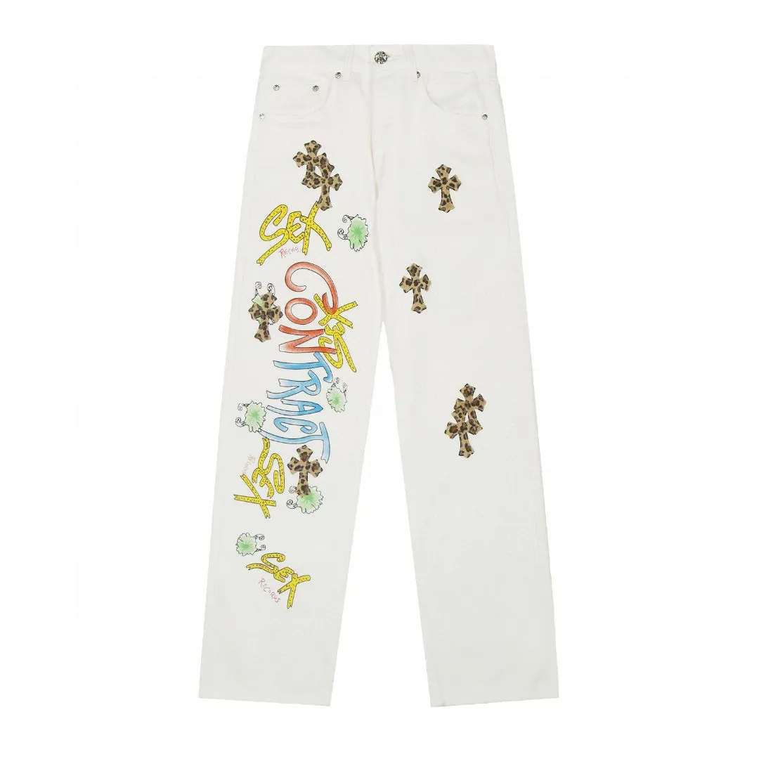 P240 💰 (Top version) Chrome Hearts/Chrome Hearts Classic white hand-painted leopard print series colorful leather cross washed color fabric unisex denim trousers Vibe style straight stacked god-level version Carbon fine bias denim color cloth Old vintage full set of hardware - Chrome Hearts white cow series The high version uses high-ounce custom fabrics, fermentation washing and soft color fixation, soft and thick to wear, the details are all made by hand-polished craftsmanship, all-over printed jacquard fabric Unique design style. Through multiple processes to create a full retro feel. Unique niche non-contrast shirt. Customized distressed spray-painted buttons. Craftsmanship in every detail. Color: white hand-painted leopard print. Size: 28-30-32-34 (corresponding to S-M-L-XL)